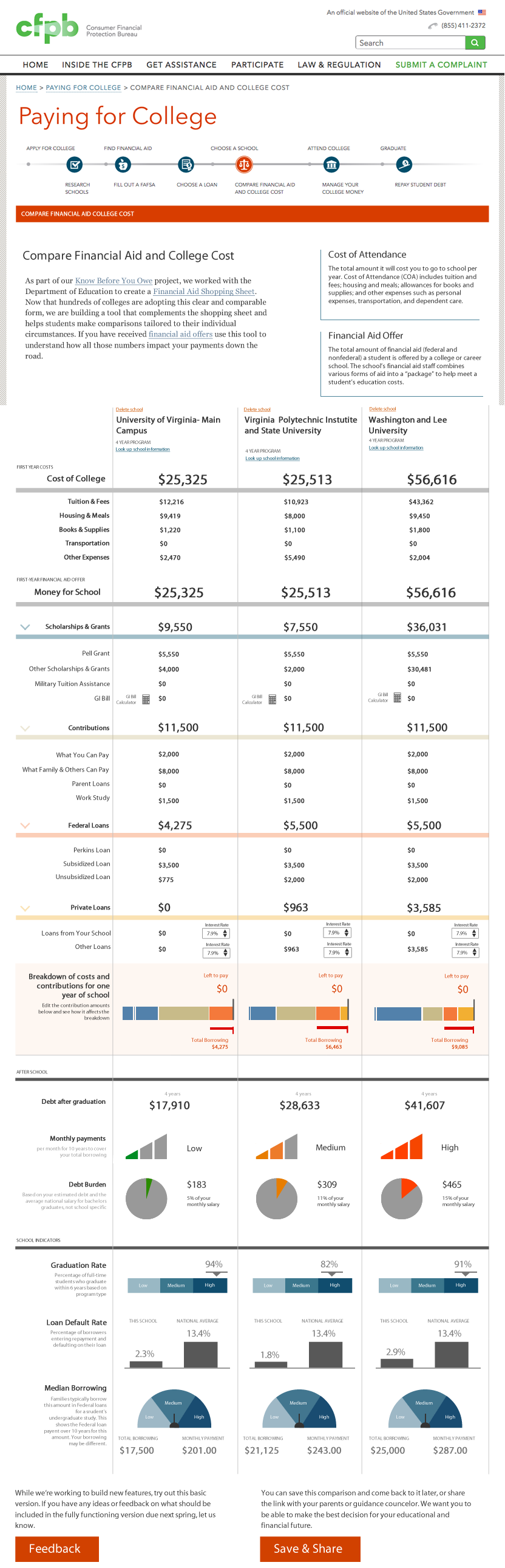 Paying for College comparison tool